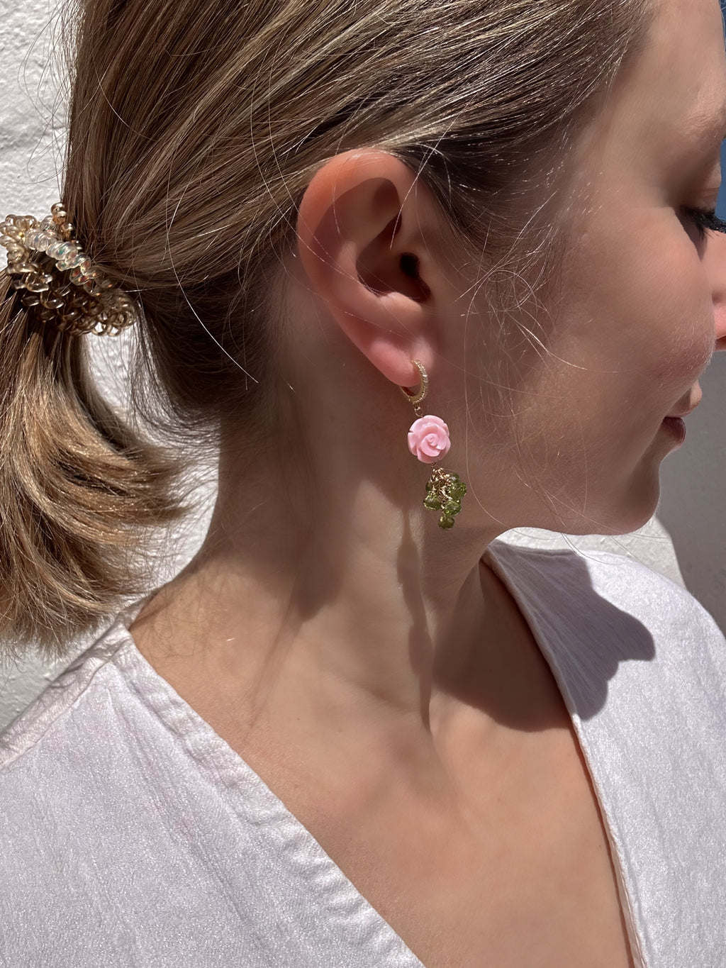 Carved queen conch shell rose and peridot drop earrings