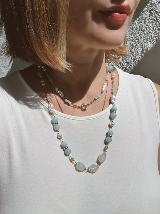 Long Aquamarine And Pearl Chain