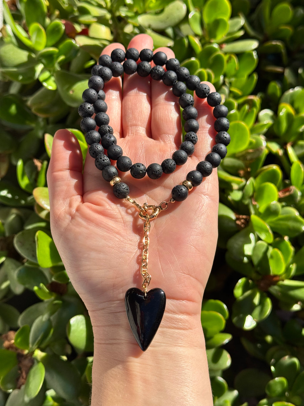 Lava Stone Heart Necklace with Black Onyx Pendant — Gold Vermeil
