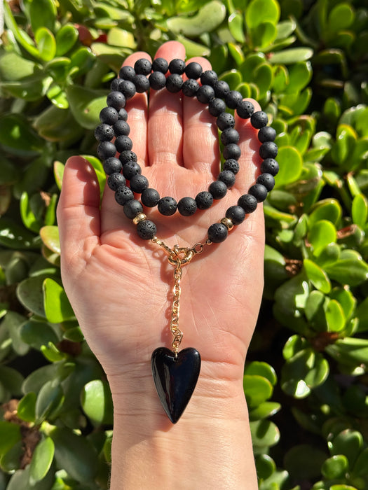 Heart Necklace in Lava Stone Beads and Black Onyx Pendant