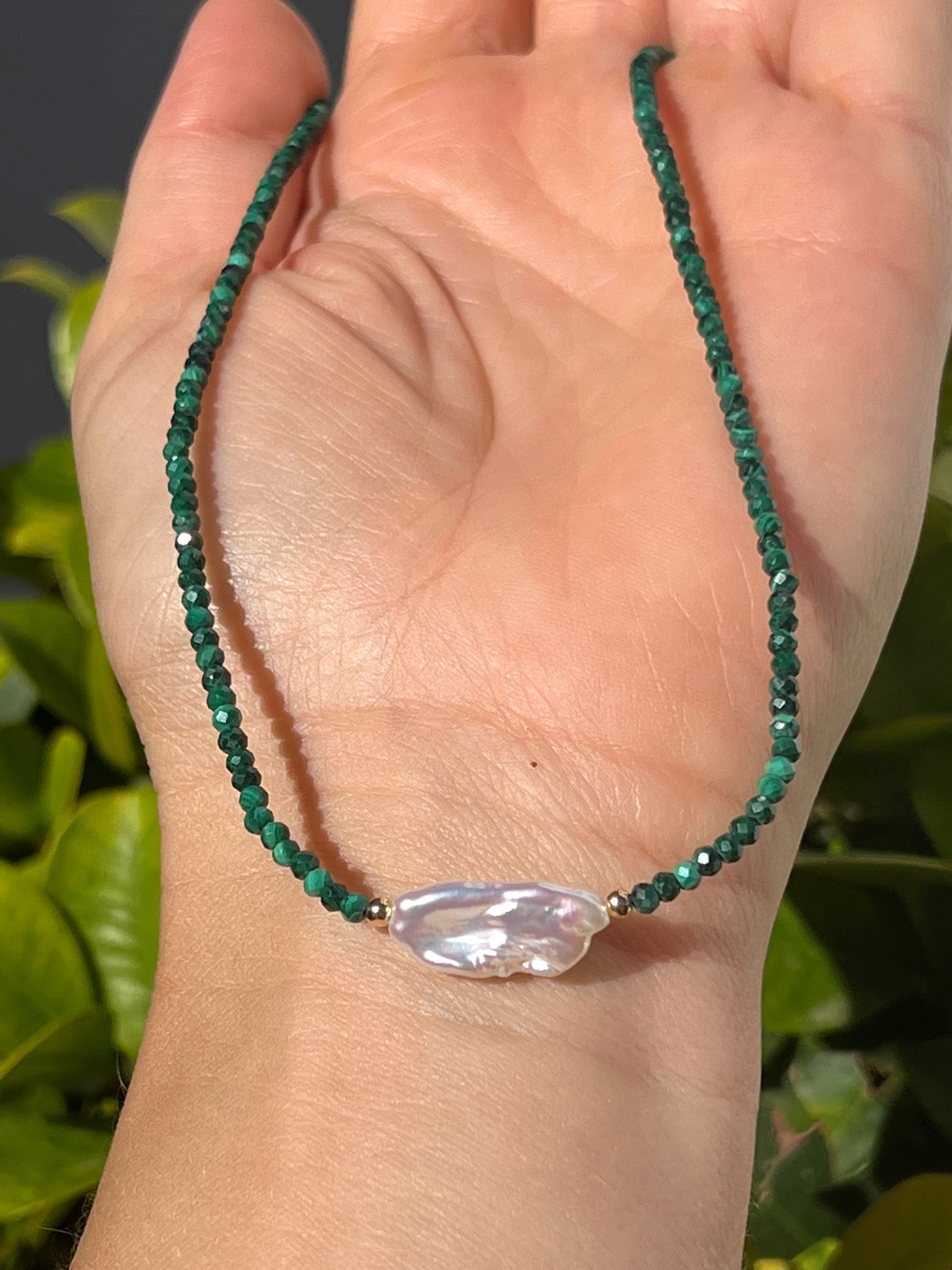 Malachite And Keshi Pearl Minimalist Necklace