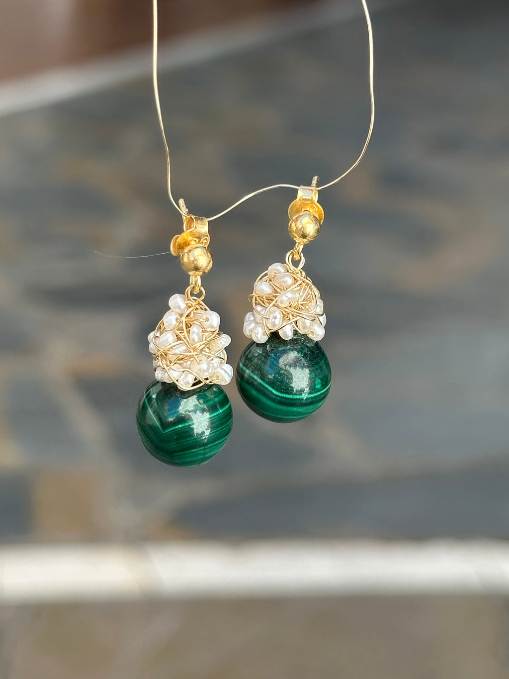 Malachite And Pearl Cluster Earrings
