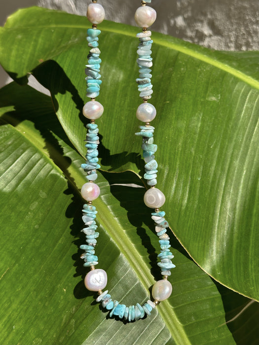 Larimar chips and Baroque pearls necklace