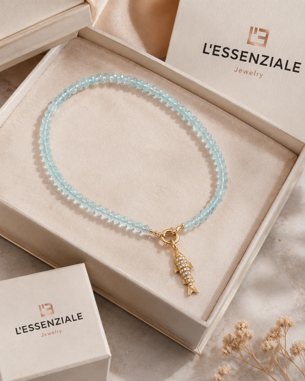 Aquamarine Beaded Necklace with Gold-Plated Silver Fish Charm