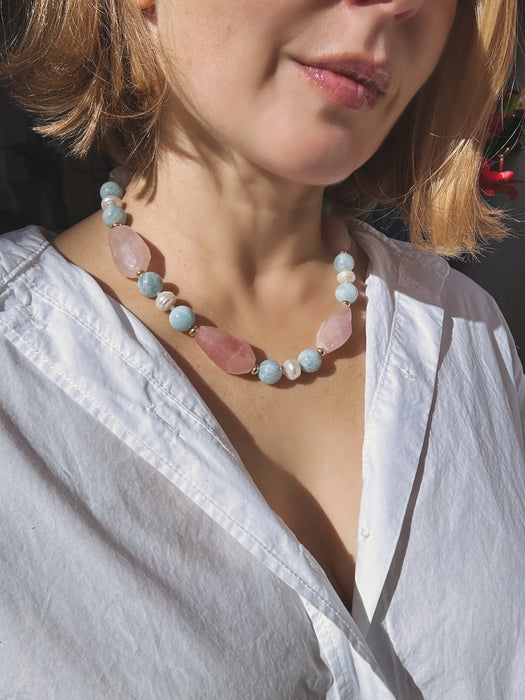 Chunky Rose Quartz, Aquamarine and Pearl Statement Necklace