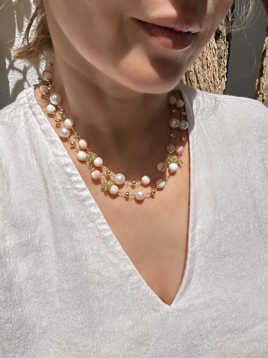 Queen Conch Shell, Pearl and Peridot Long necklace