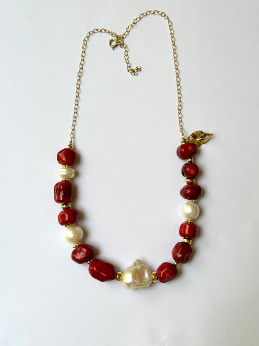 Red Coral And Pearl Statement Necklace