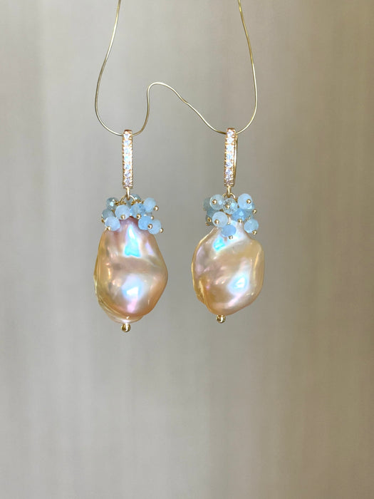 Pink Baroque Pearl And Aquamarine Earrings