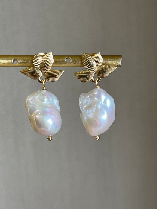 Baroque Pearl Drop Earrings On Golden Leaves Studs