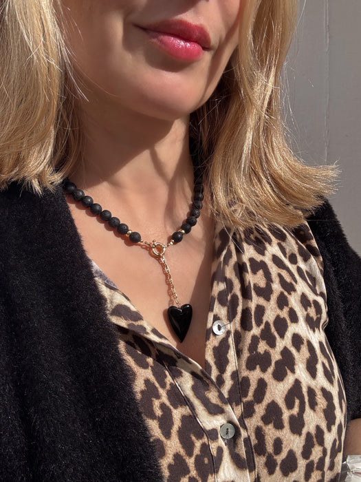 Heart Necklace in Lava Stone Beads and Black Onyx Pendant