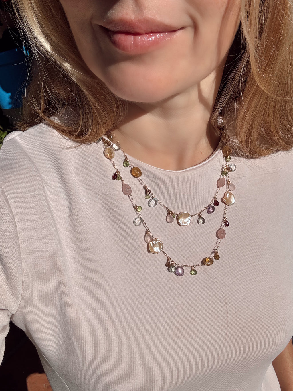 Multi Gemstone & Pink Keshi Pearl Long Necklace — 14k Gold Filled