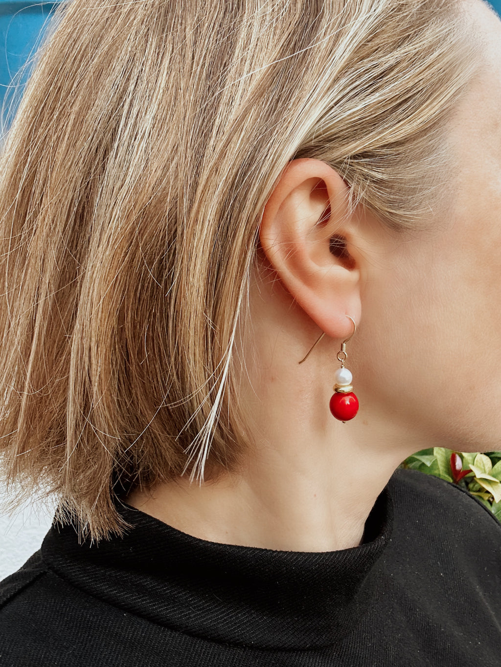 Red Coral And Pearl Drop Earrings