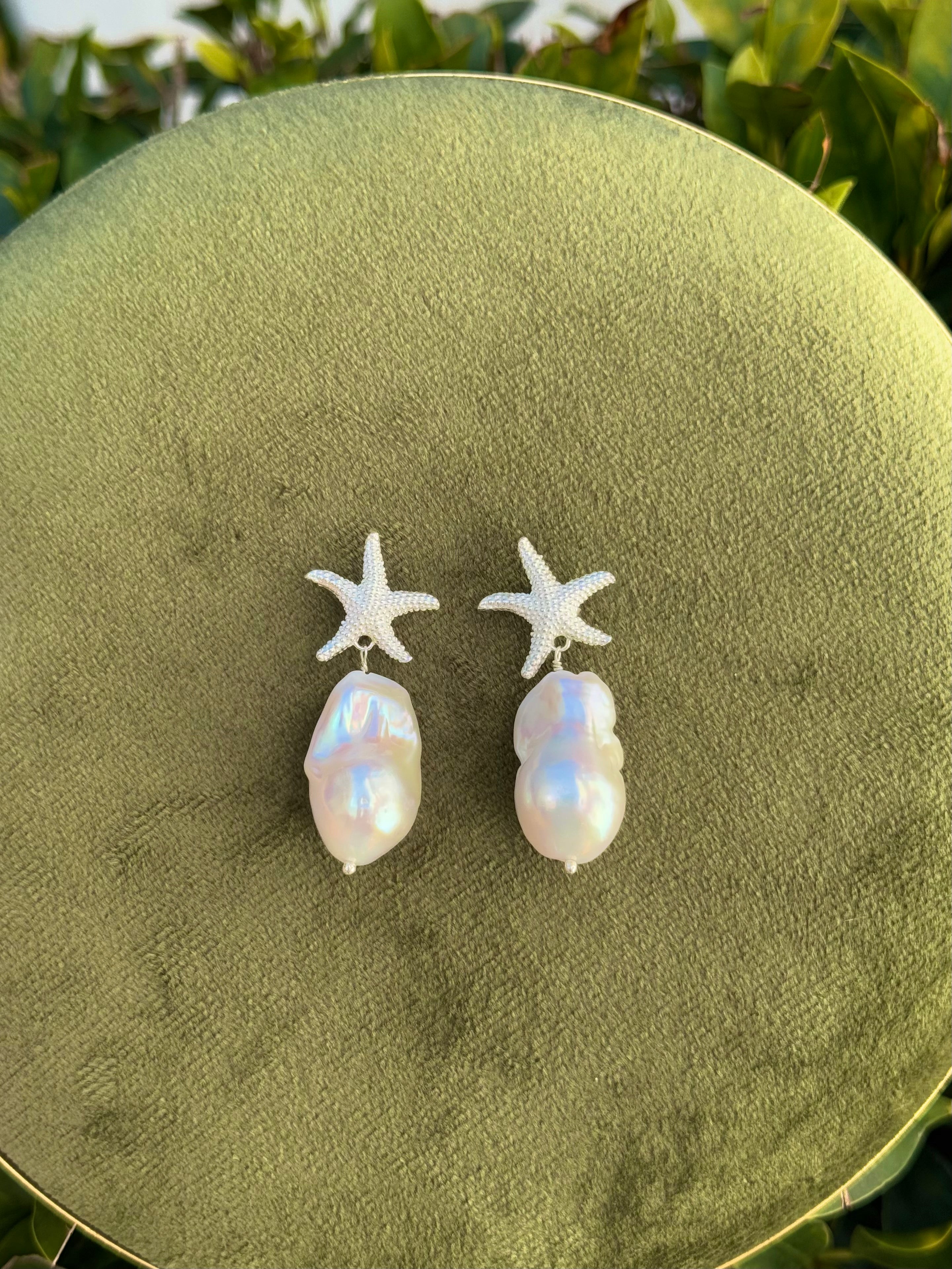 Silver Starfish Baroque Pearl Earrings