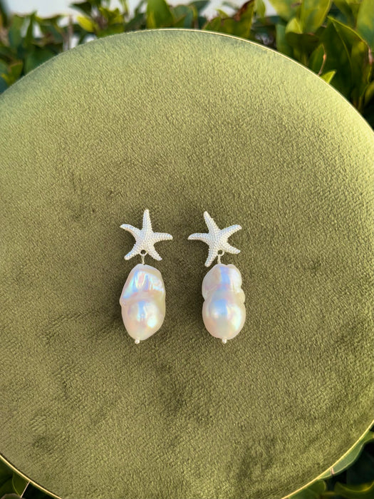 Silver Starfish Baroque Pearl Earrings