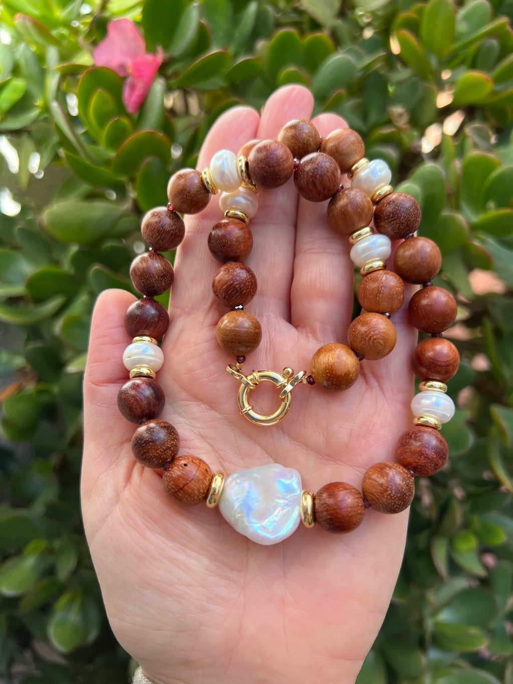 Rosewood And Pearl Statement Necklace