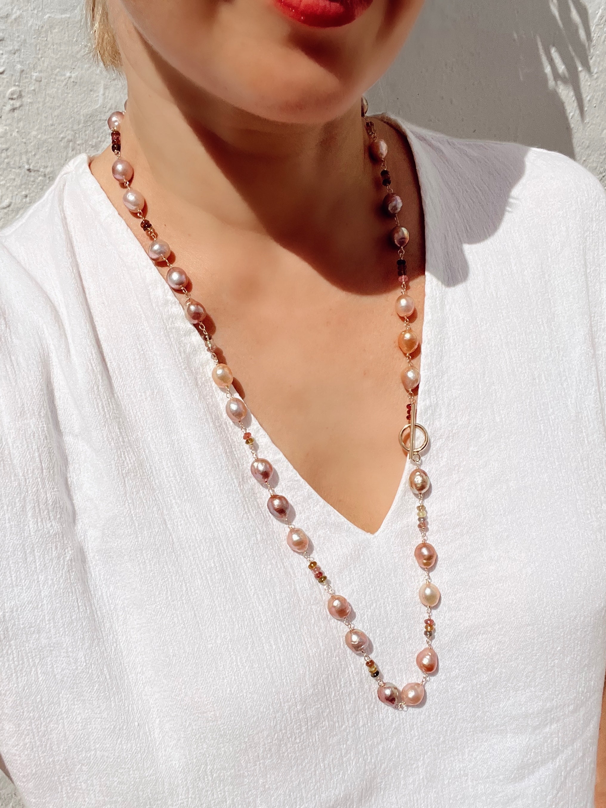 Pearl And Tourmaline Long Necklace