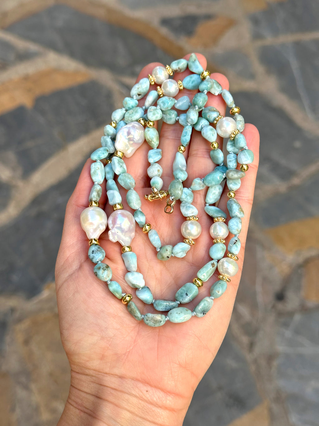 Long Larimar and Baroque Pearl necklace “La Romana”