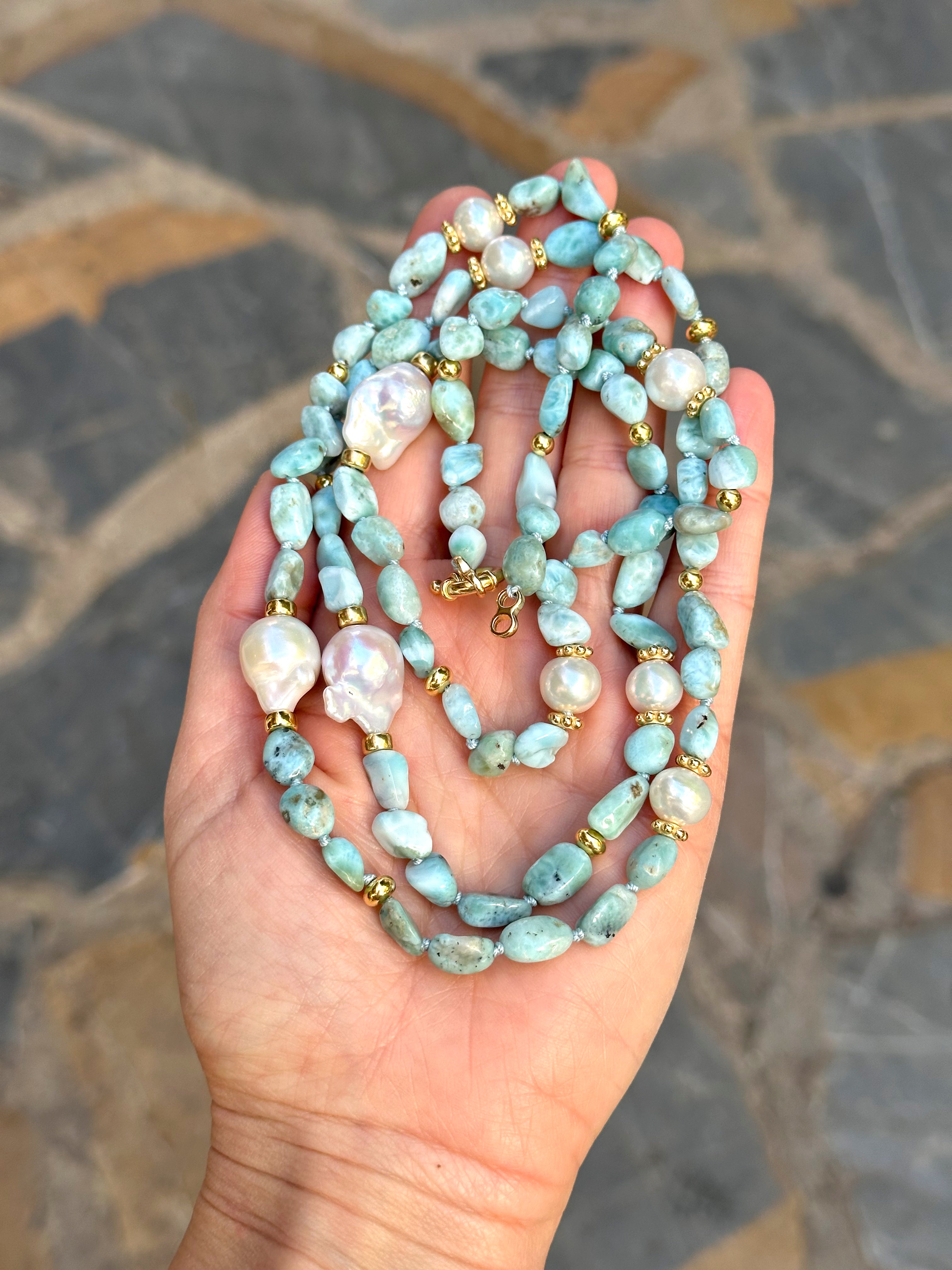 Long Larimar and Baroque Pearl necklace “La Romana”