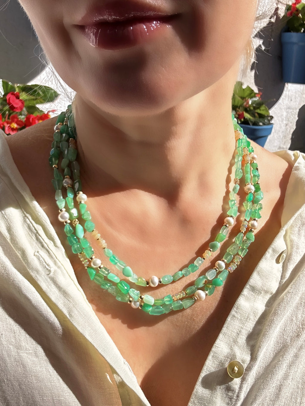 Chrysoprase, Ethiopian opal and Freshwater Pearl Layered Necklace