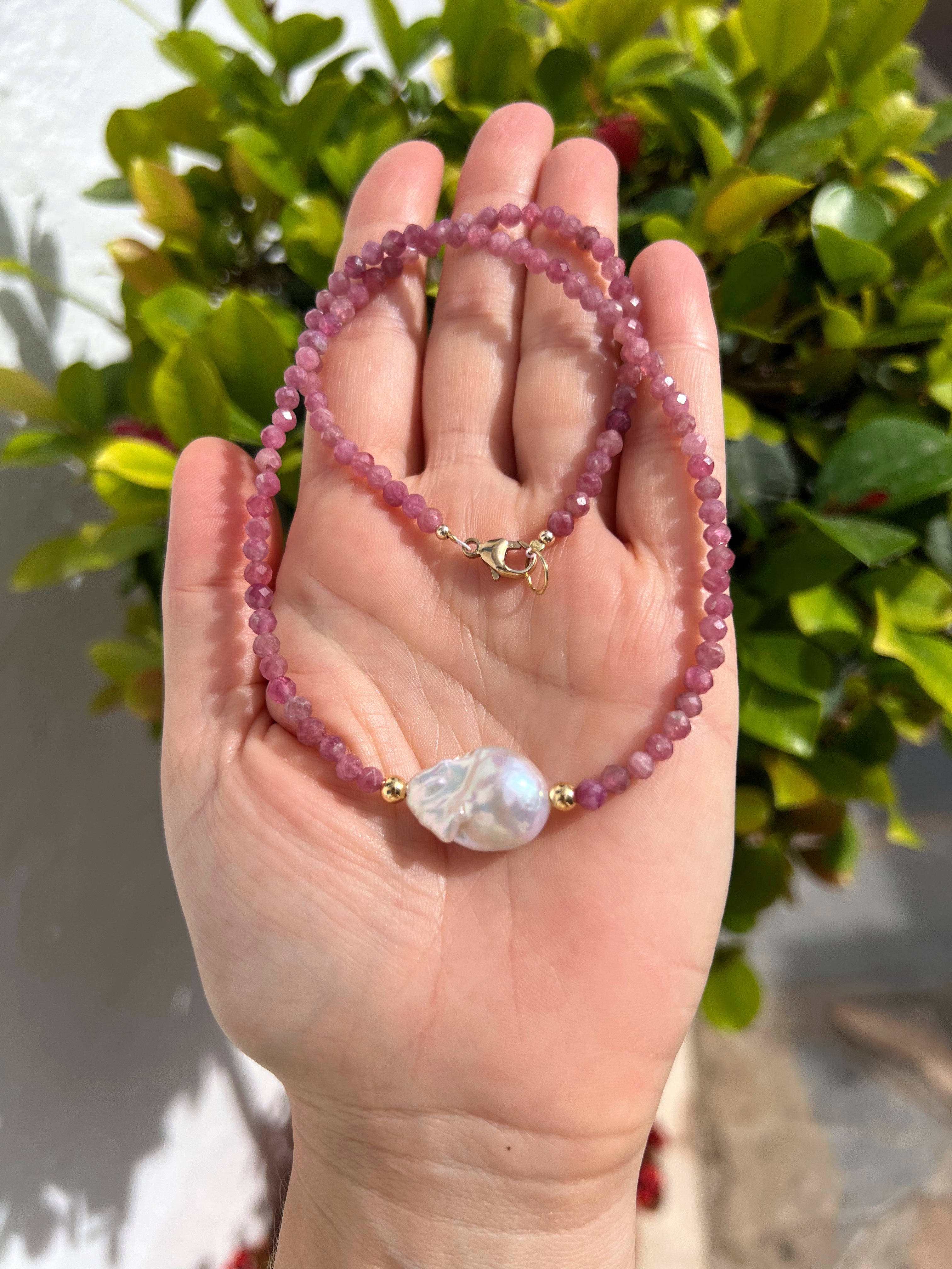 Pink Tourmaline And Baroque Pearl Necklace, October Birthstone Necklace