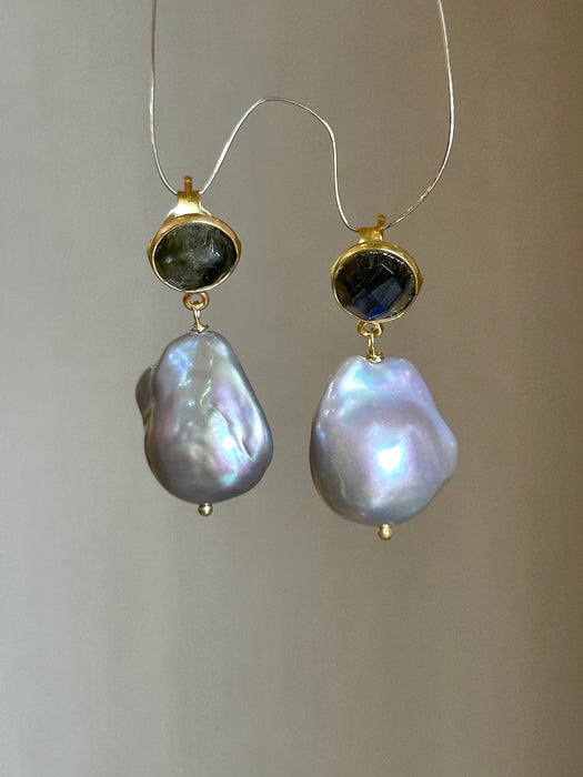 Grey Baroque Pearl And Labradorite Earrings