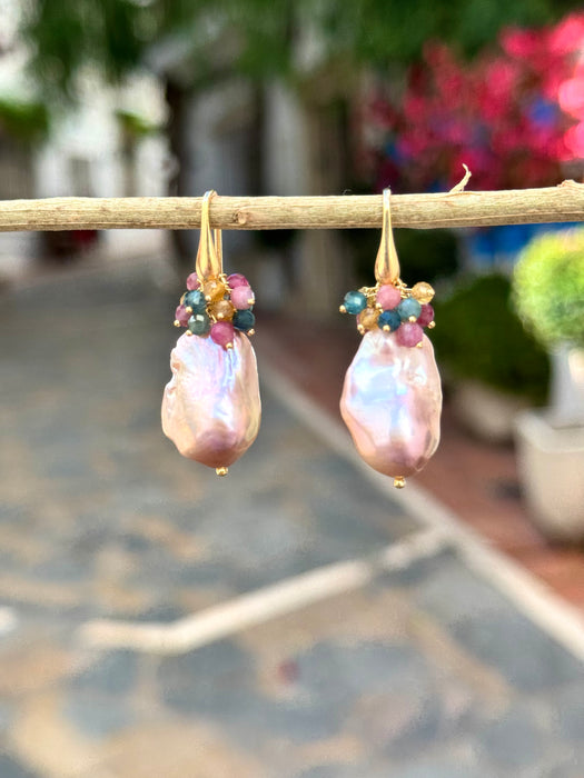 Purple Baroque Pearl Drop Earrings With Tourmalines