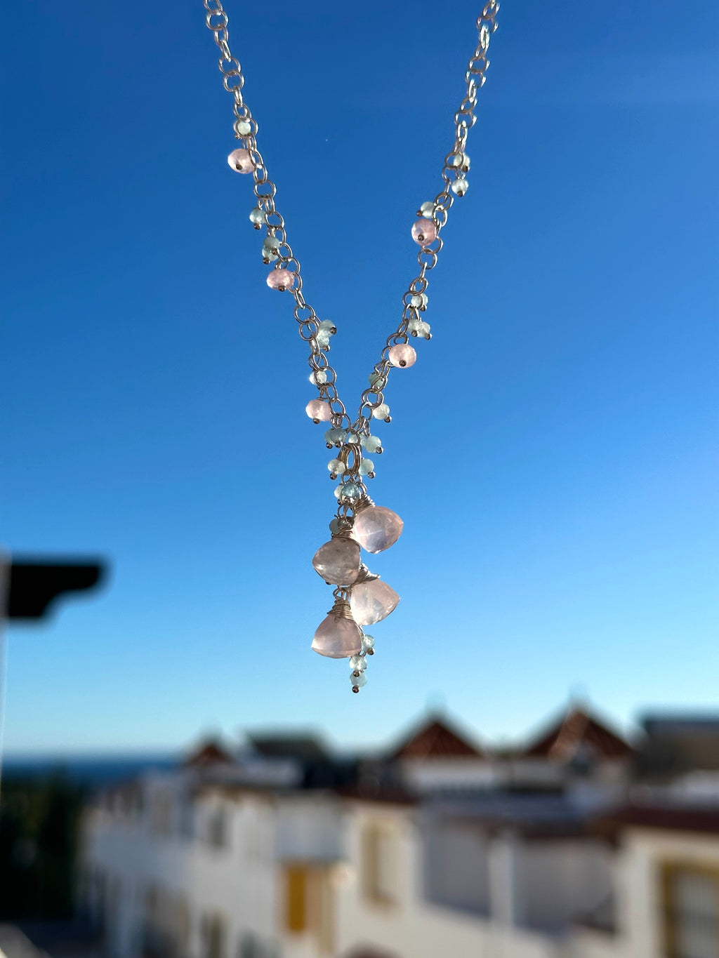 Rose Quartz And Aquamarine Silver Necklace
