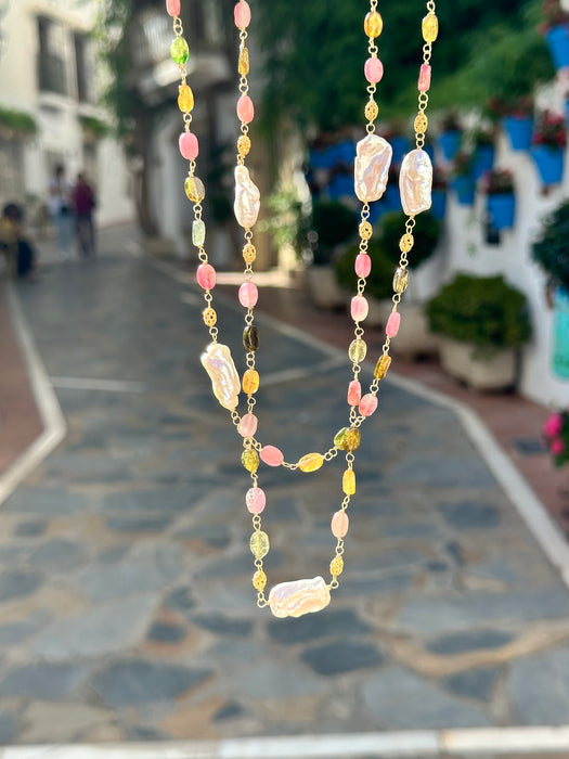 Long Tourmaline And Keshi Pearl Chain