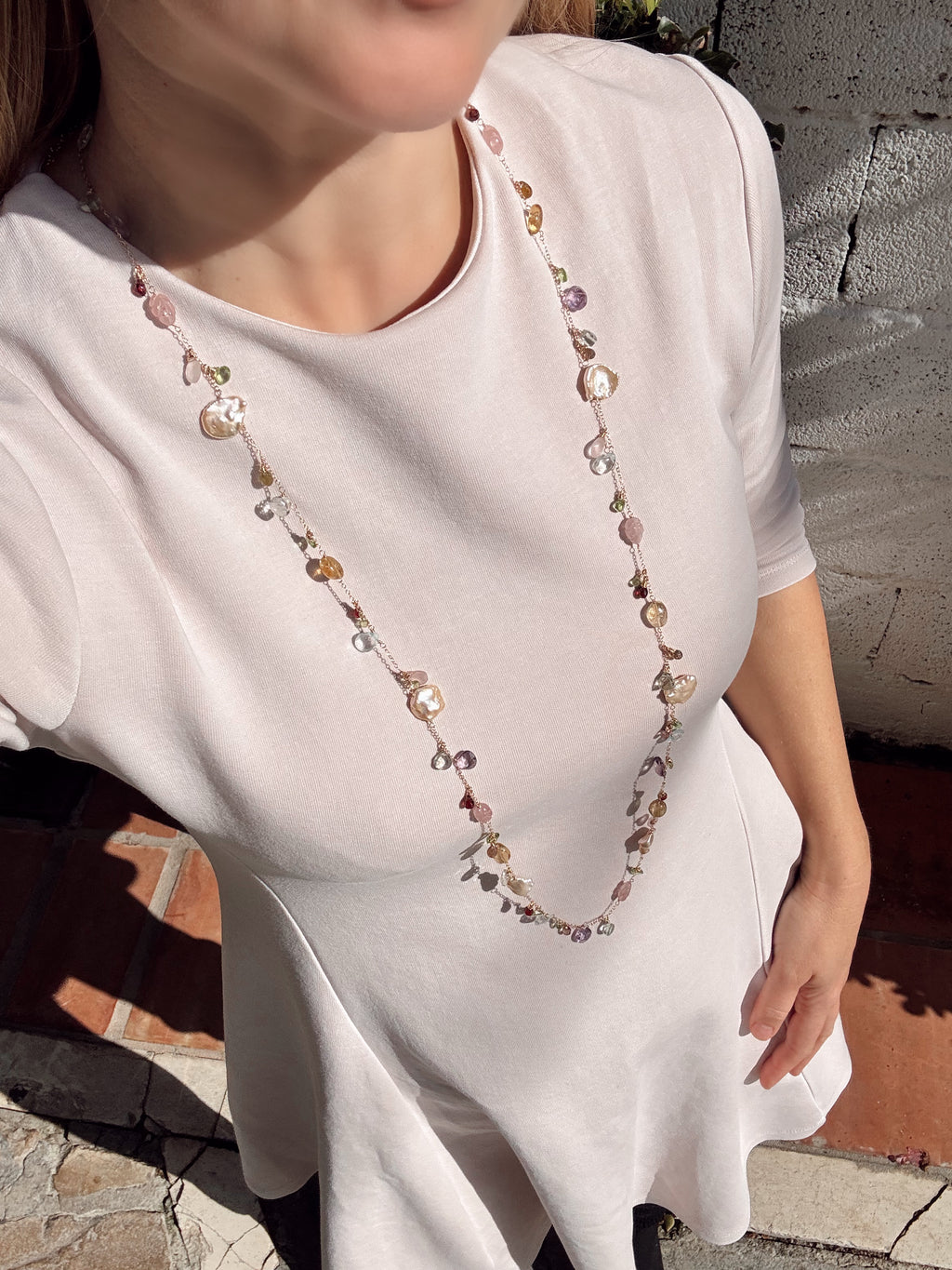 Multi Gemstone & Pink Keshi Pearl Long Necklace — 14k Gold Filled