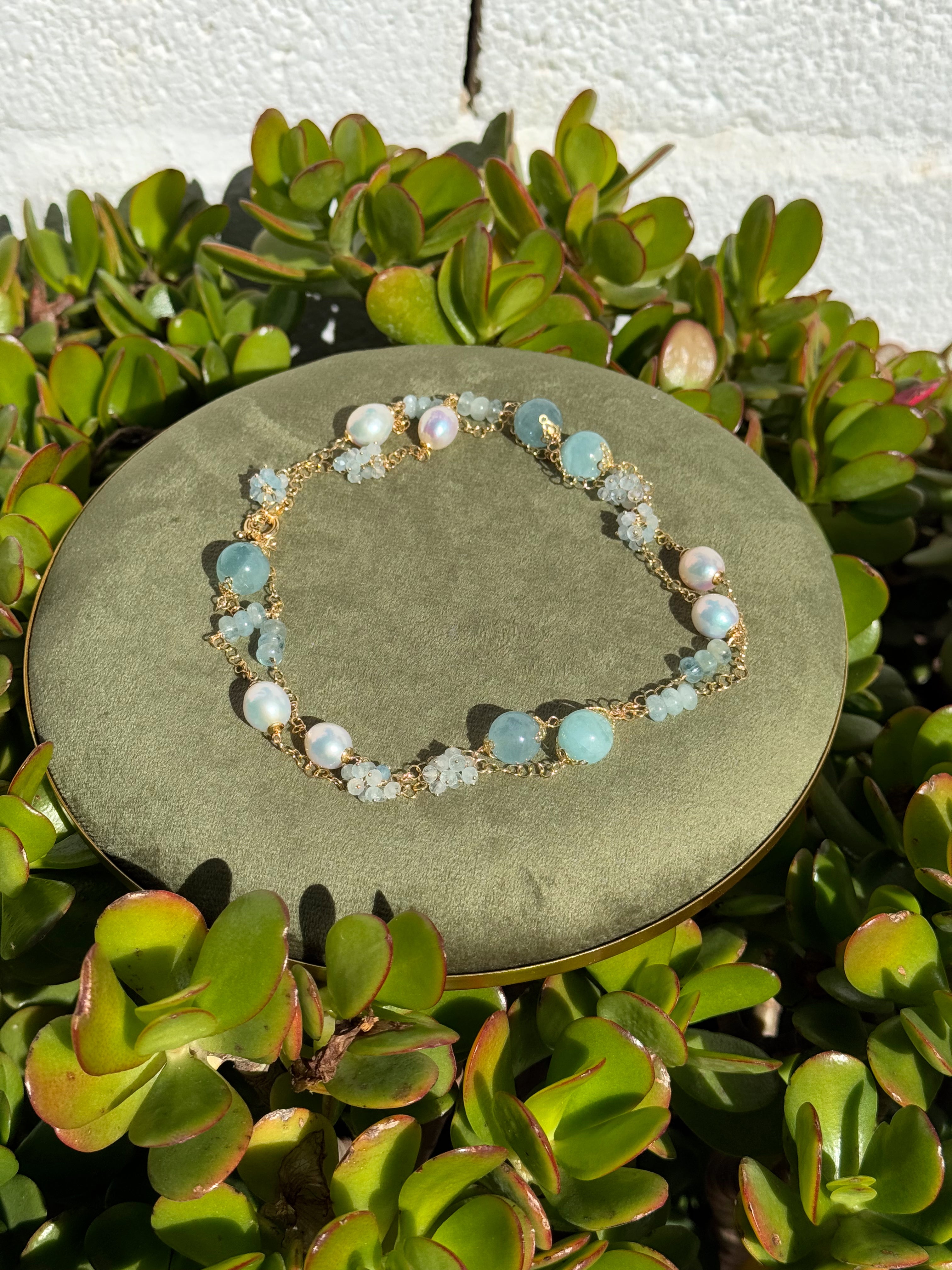 Aquamarine & Freshwater Pearl Long Necklace “Capri”