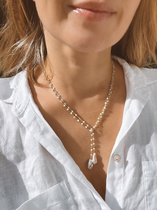 Aquamarine Lariat Rosary Chain With Two Keshi Pearls