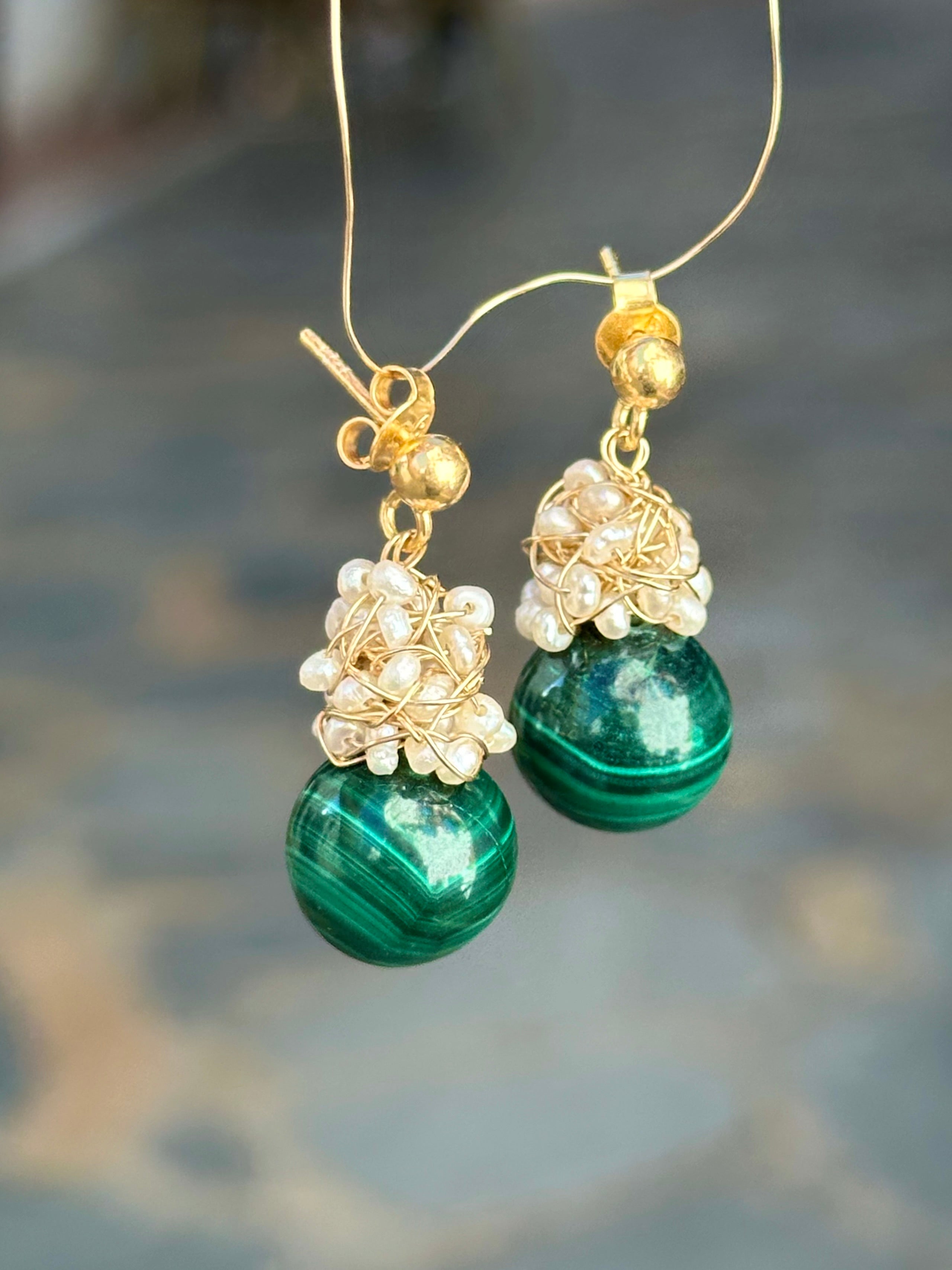 Malachite And Pearl Cluster Earrings