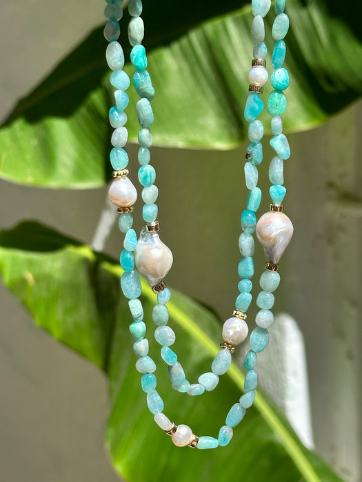 Long Amazonite And Pearl Beaded Necklace