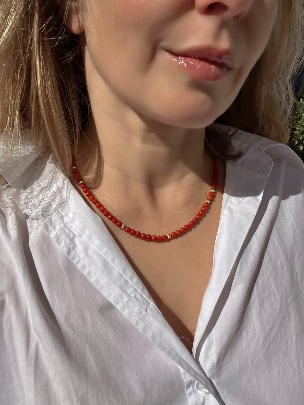Red Mediterranean Coral Necklace in Solid 18k Gold