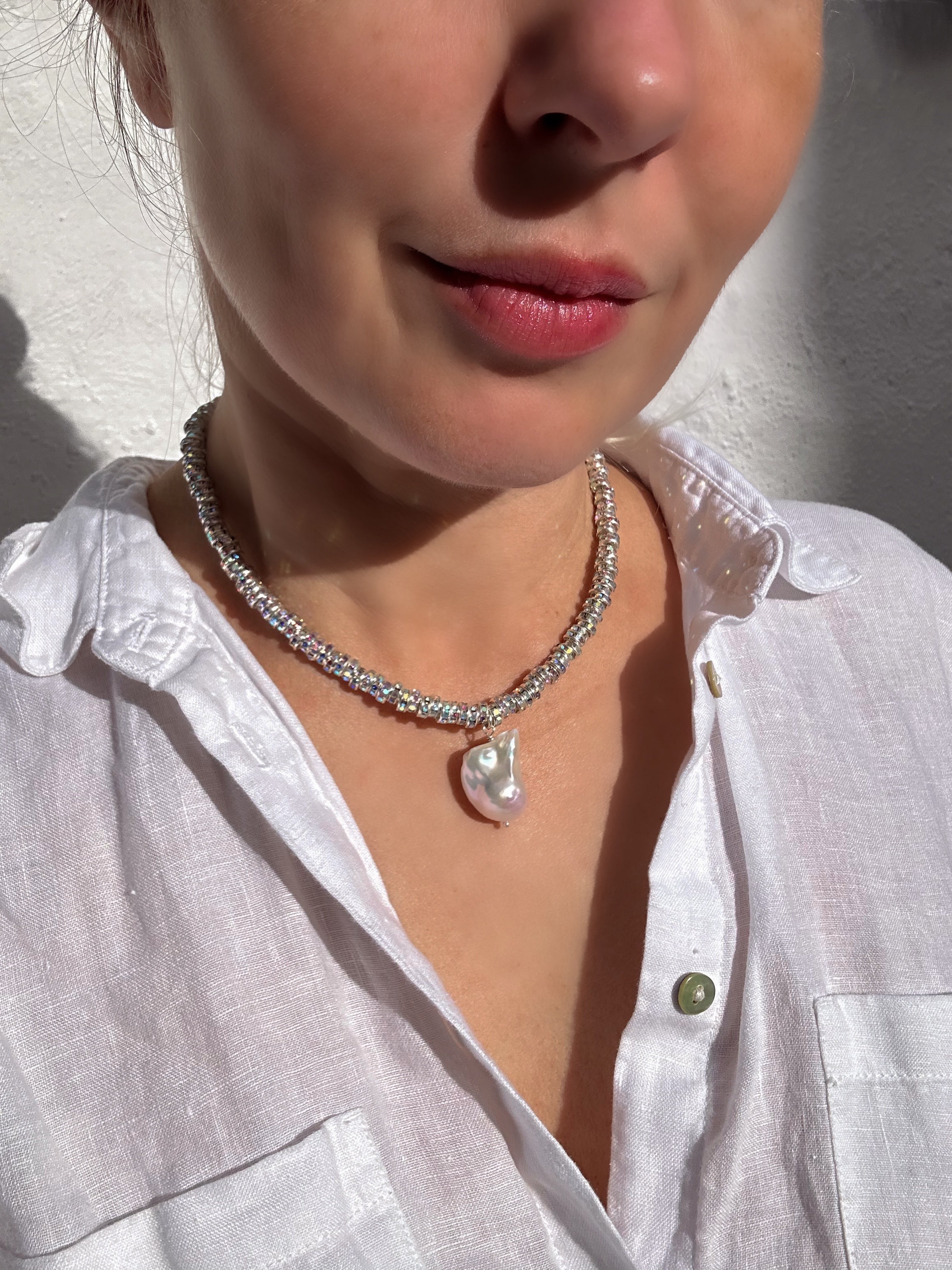 New Year Eve’s Sparkling Necklace with Baroque Pearl