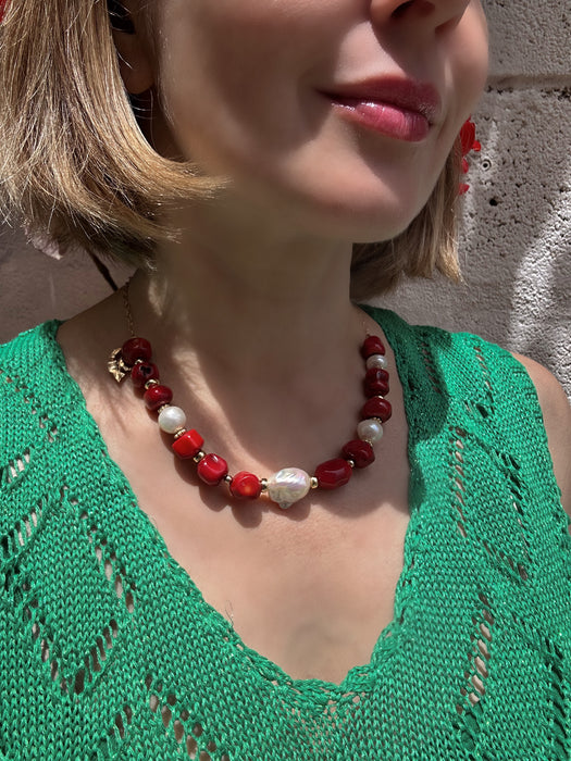 Red Coral And Pearl Statement Necklace