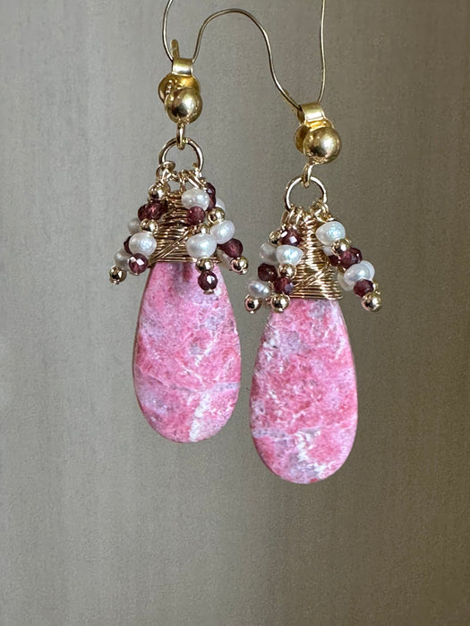 Rhodocrosite Drop Earrings with Garnet and Pearls Cluster