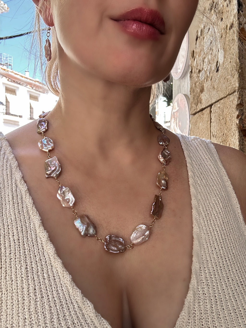 Large Purple Keshi Pearl Necklace and Earrings Set