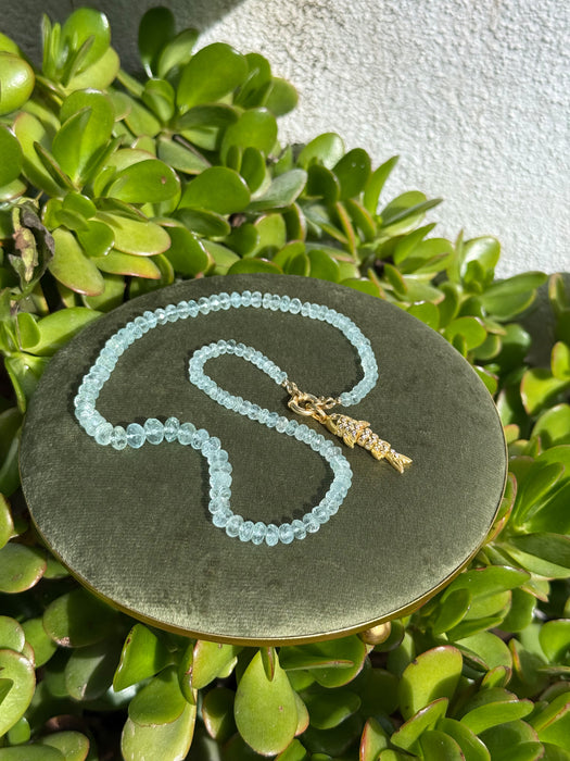 Aquamarine Beaded Necklace with Gold Plated Silver Fish Charm