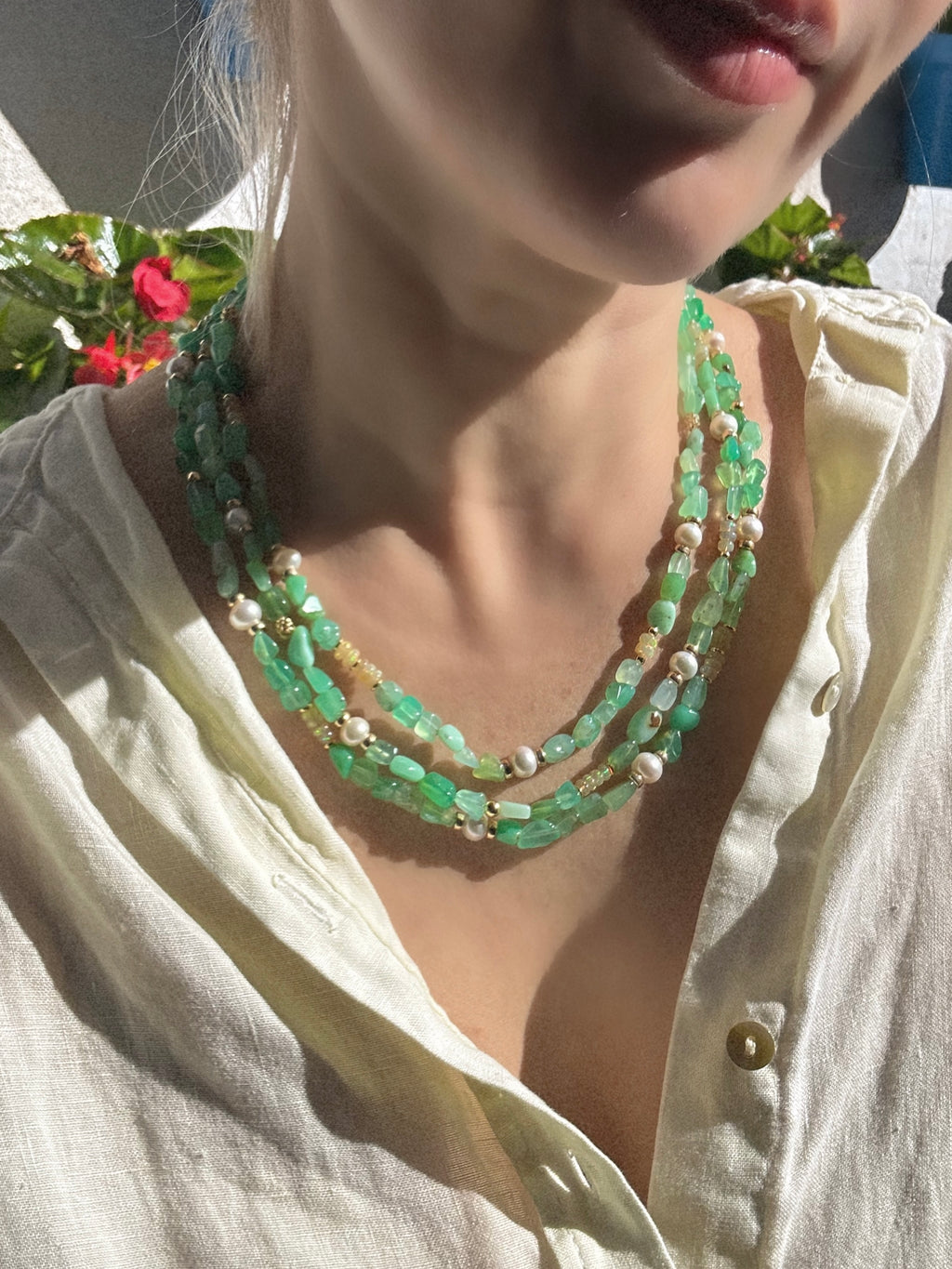 Chrysoprase, Ethiopian opal and Freshwater Pearl Layered Necklace