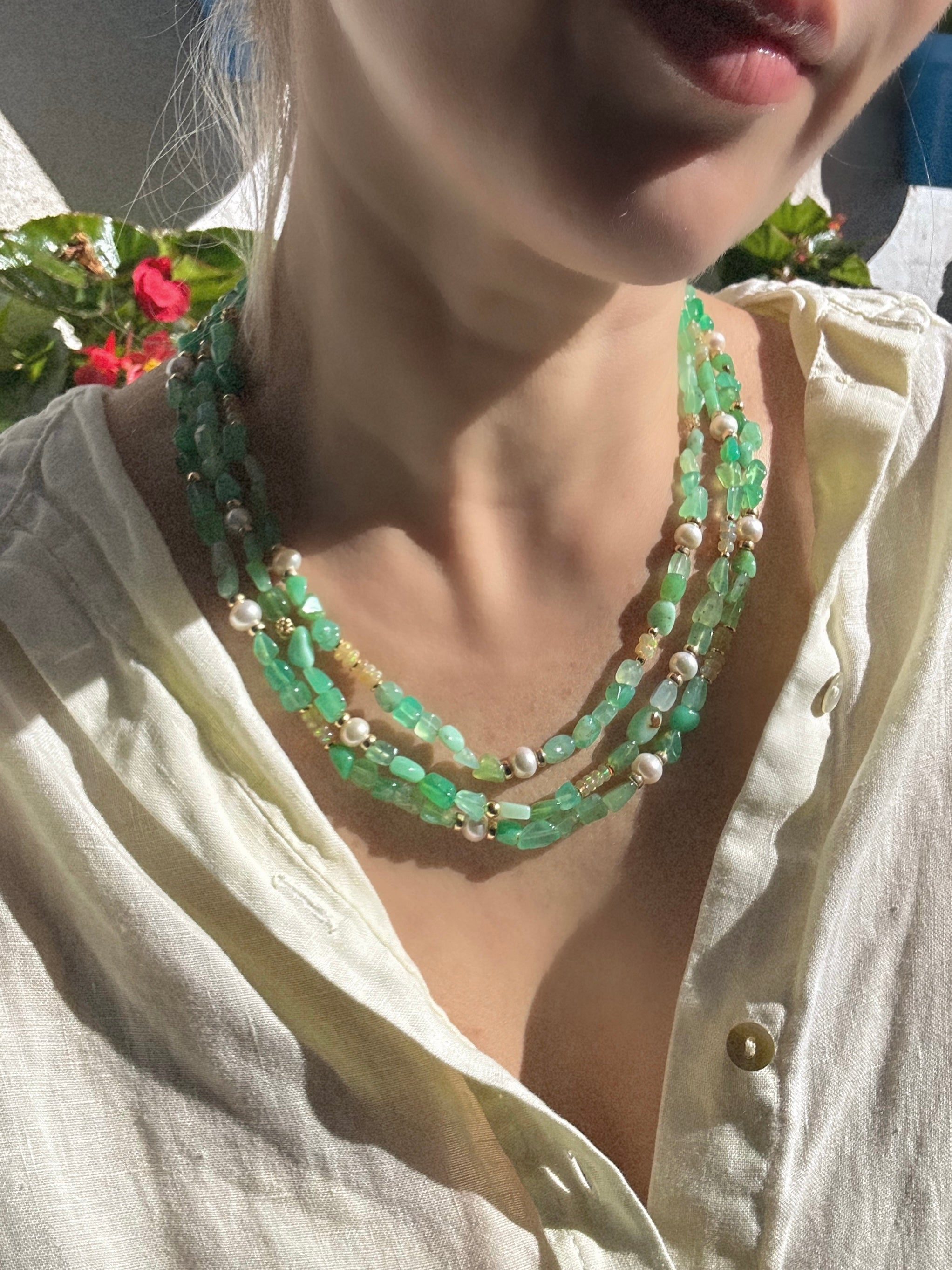 Chrysoprase, Ethiopian opal and Freshwater Pearl Layered Necklace