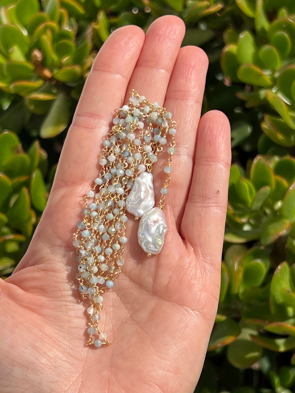Aquamarine Lariat Rosary Chain With Two Keshi Pearls