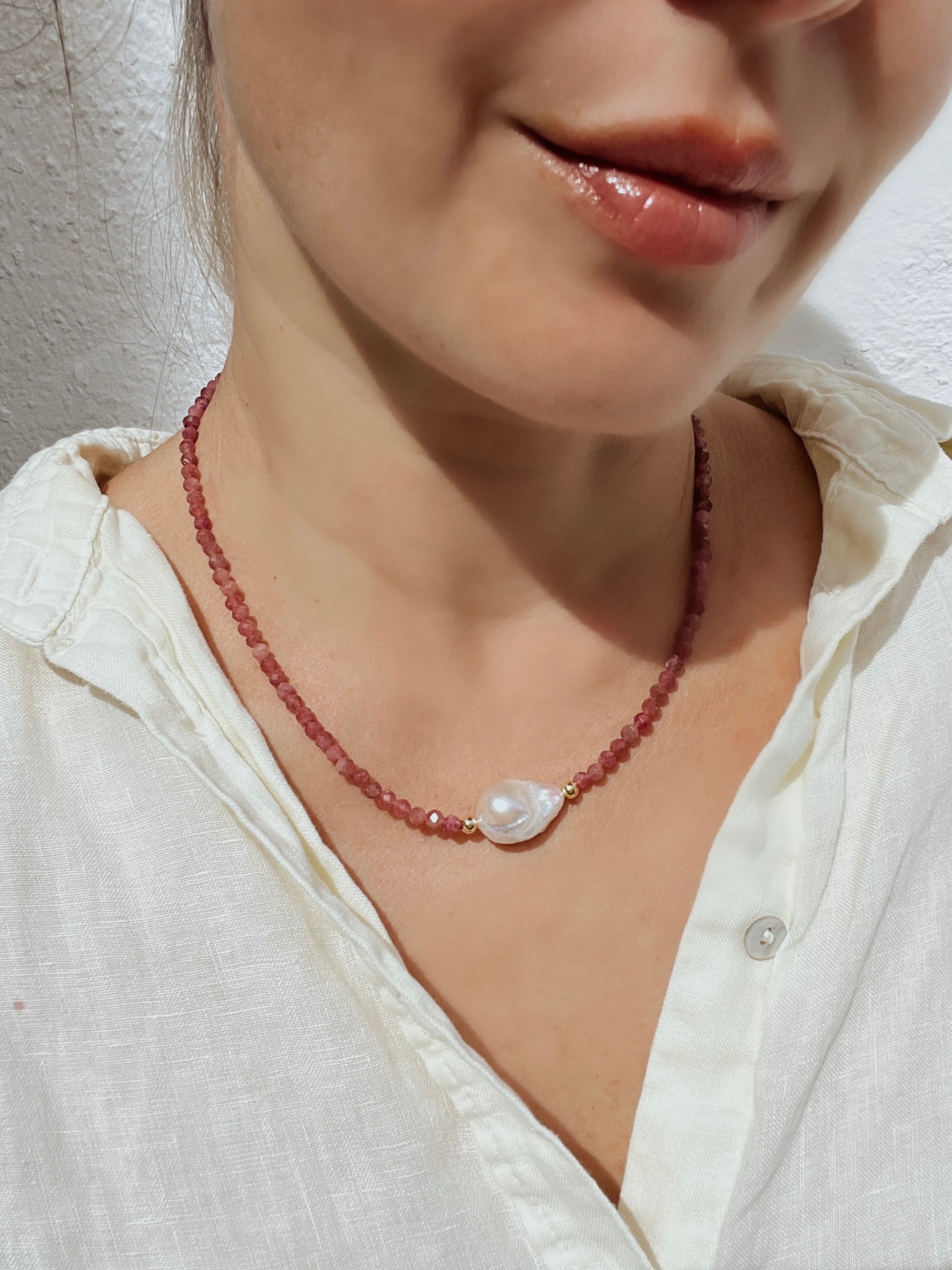 Pink Tourmaline And Baroque Pearl Necklace, October Birthstone Necklace
