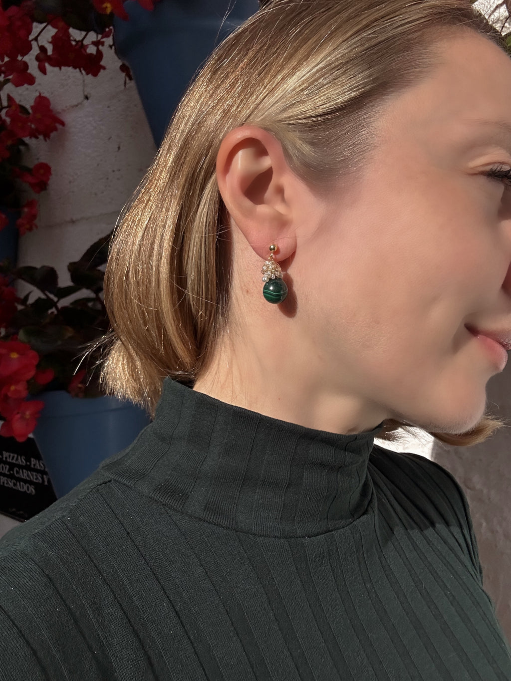 Malachite And Pearl Cluster Earrings