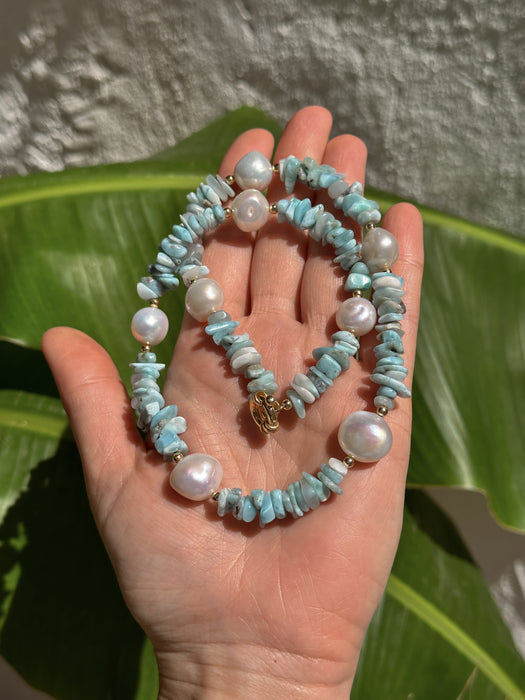 Larimar chips and Baroque pearls necklace