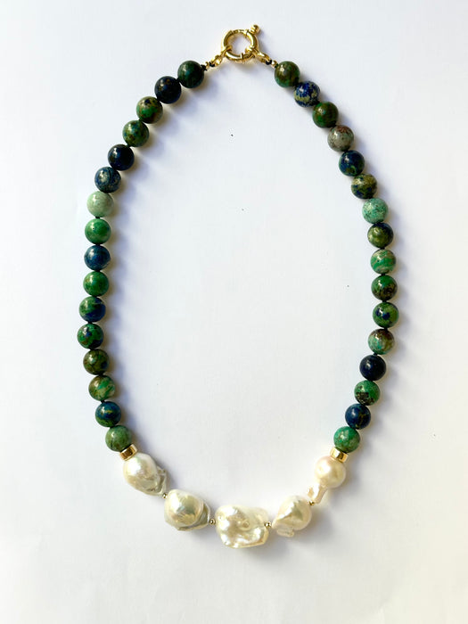 Azurite Malachite And Baroque Pearl Statement necklace, Chrysocola beaded necklace