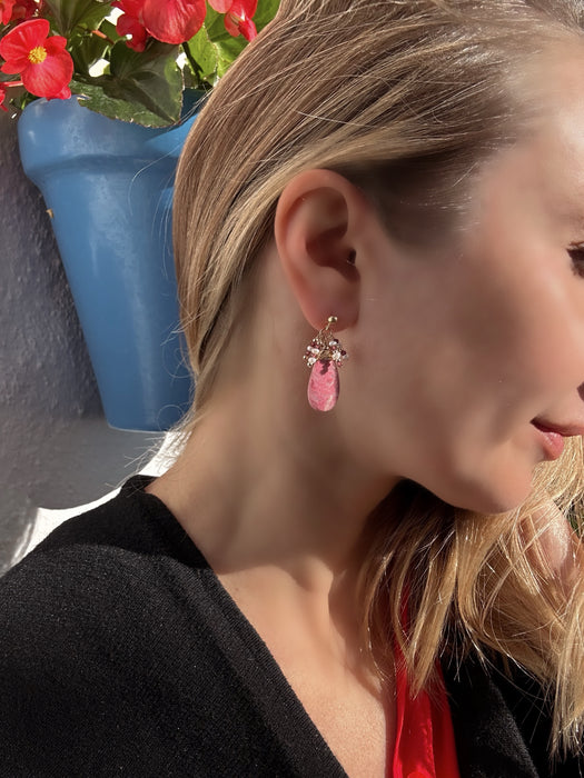 Rhodocrosite Drop Earrings with Garnet and Pearls Cluster