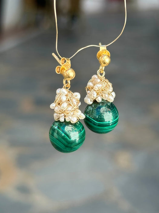 Malachite And Pearl Cluster Earrings