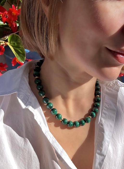 Chunky Malachite Beaded Necklace And Earrings Set