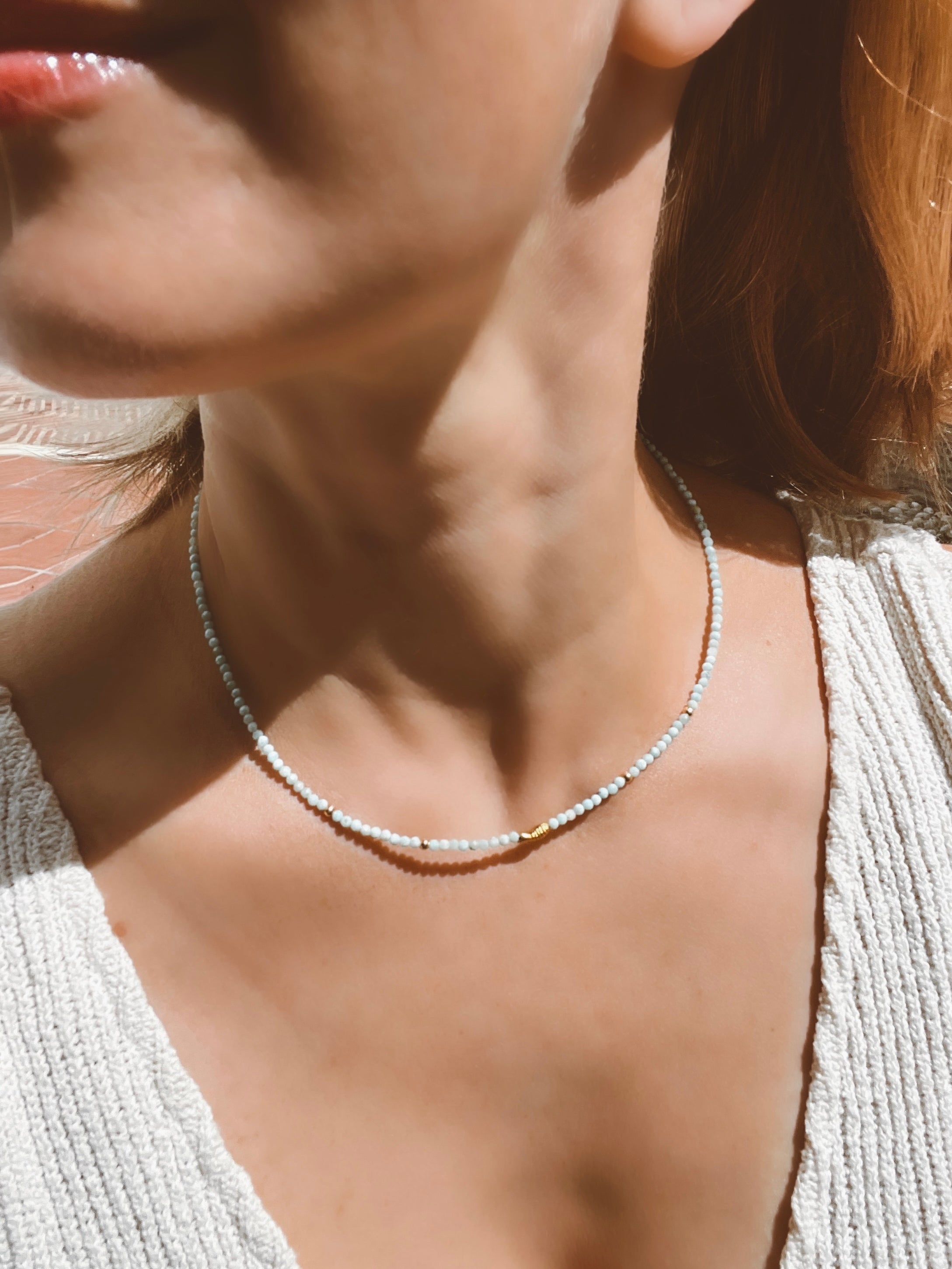Larimar Beaded Necklace in Solid Gold